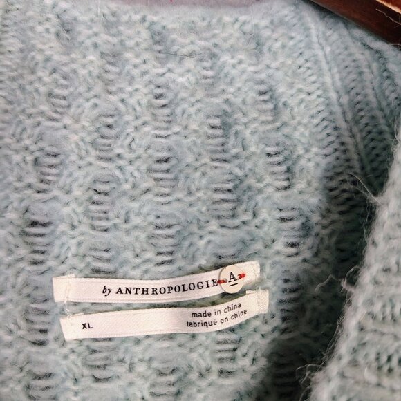 Anthropologie Sweater Women XL Blue Chunky Knit Mock Neck Tunic Fisherman Preppy - Picture 6 of 12